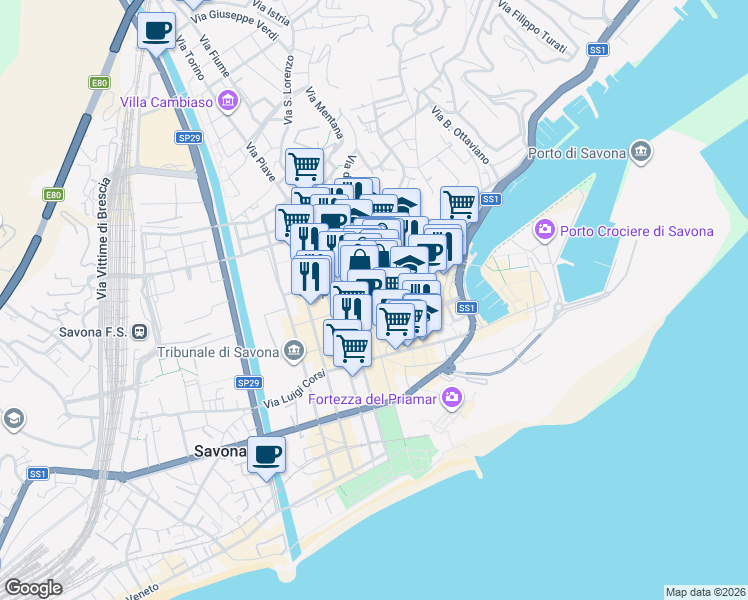 map of restaurants, bars, coffee shops, grocery stores, and more near 121R Corso Italia in Savona