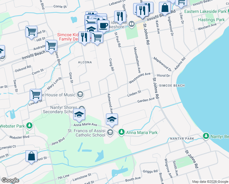 map of restaurants, bars, coffee shops, grocery stores, and more near 1057 Westmount Avenue in Innisfil
