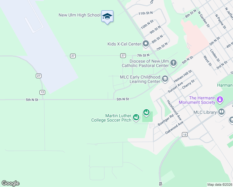 map of restaurants, bars, coffee shops, grocery stores, and more near 661 Pfaender Drive in New Ulm