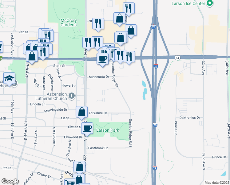 map of restaurants, bars, coffee shops, grocery stores, and more near 222 Sunrise Ridge Road in Brookings