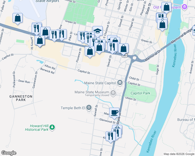 map of restaurants, bars, coffee shops, grocery stores, and more near 8 Federal Street in Augusta