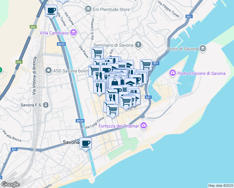 map of restaurants, bars, coffee shops, grocery stores, and more near 121R Corso Italia in Savona