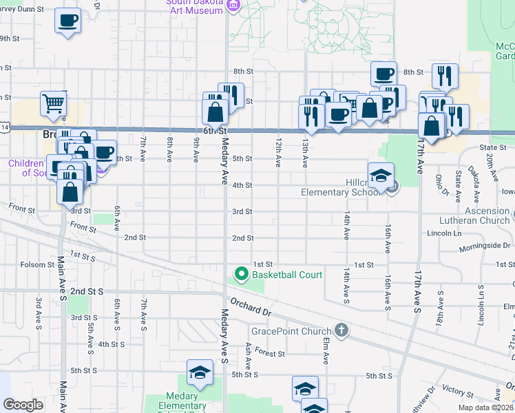 map of restaurants, bars, coffee shops, grocery stores, and more near 1113 3rd Street in Brookings