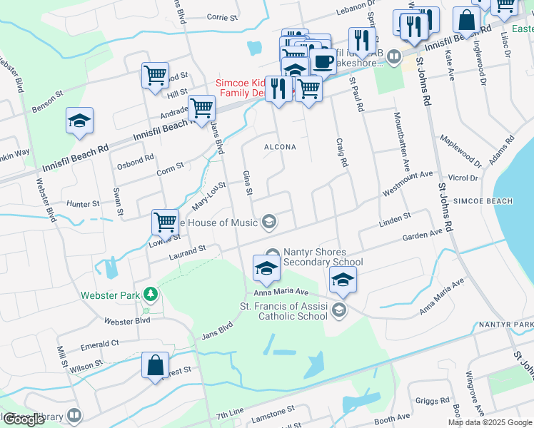 map of restaurants, bars, coffee shops, grocery stores, and more near 1152 Gina Street in Innisfil