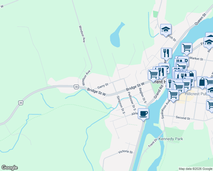 map of restaurants, bars, coffee shops, grocery stores, and more near 167 Garry Street in Trent Hills