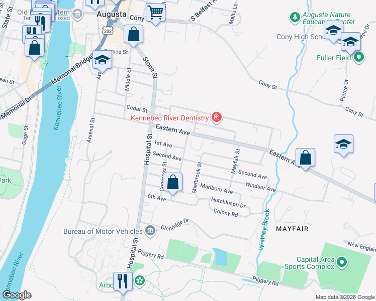 map of restaurants, bars, coffee shops, grocery stores, and more near 12 Kennison Street in Augusta