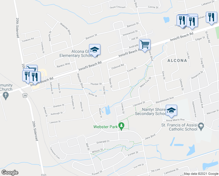 map of restaurants, bars, coffee shops, grocery stores, and more near 1911 Swan Street in Innisfil