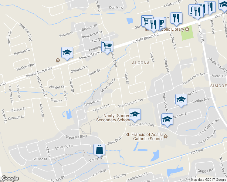 map of restaurants, bars, coffee shops, grocery stores, and more near Mitchell Court in Innisfil
