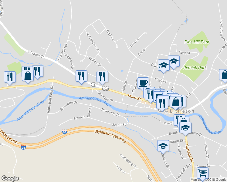 map of restaurants, bars, coffee shops, grocery stores, and more near 254 Main Street in Littleton