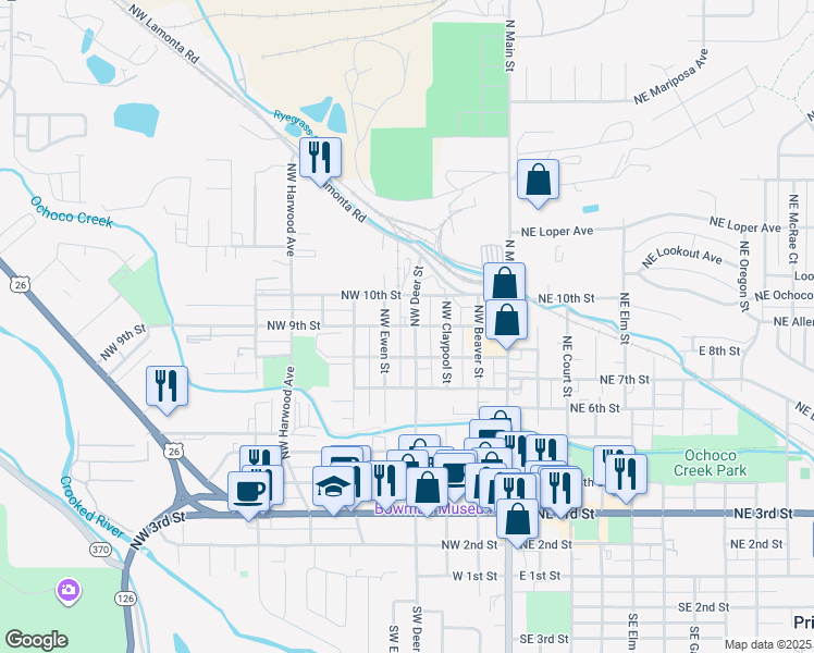 map of restaurants, bars, coffee shops, grocery stores, and more near 391 Northwest 9th Street in Prineville