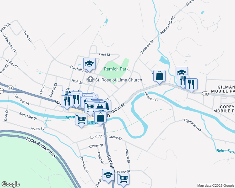 map of restaurants, bars, coffee shops, grocery stores, and more near 94 North Pleasant Street in Littleton