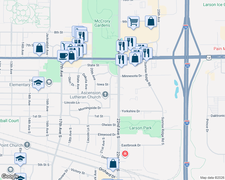 map of restaurants, bars, coffee shops, grocery stores, and more near 310 21st Avenue in Brookings