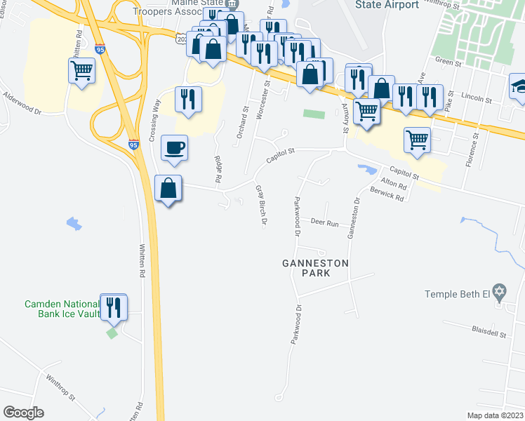 map of restaurants, bars, coffee shops, grocery stores, and more near 1 Gray Birch Drive in Augusta