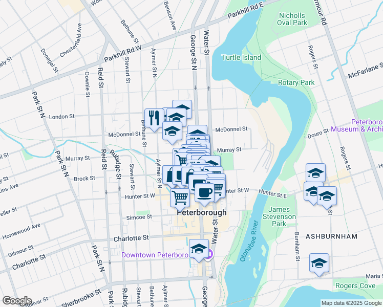 map of restaurants, bars, coffee shops, grocery stores, and more near 143 Murray Street in Peterborough