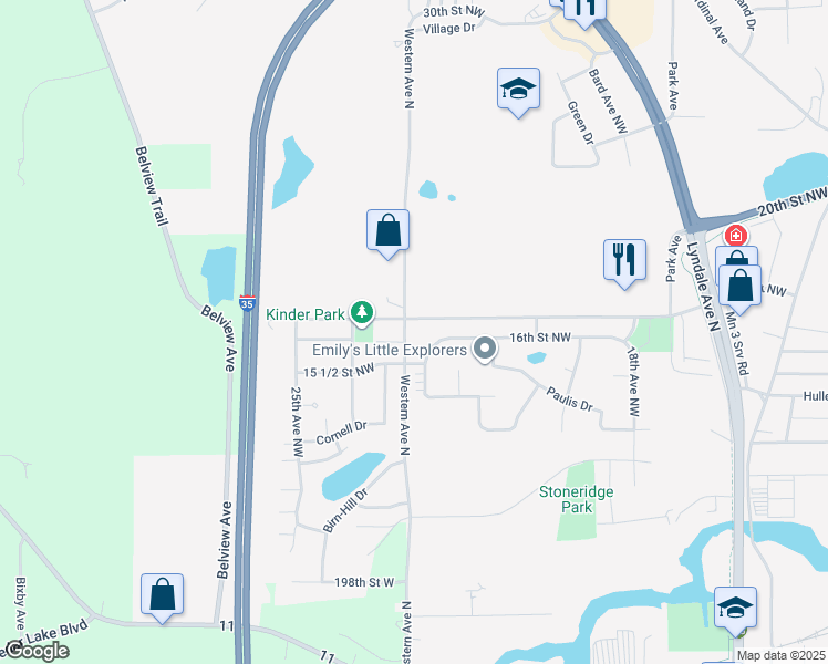 map of restaurants, bars, coffee shops, grocery stores, and more near 2205 17th Street Northwest in Faribault
