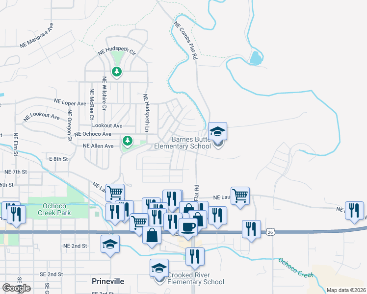 map of restaurants, bars, coffee shops, grocery stores, and more near 1480 Northeast Perspective Drive in Prineville