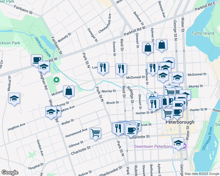 map of restaurants, bars, coffee shops, grocery stores, and more near 486 Donegal Street in Peterborough