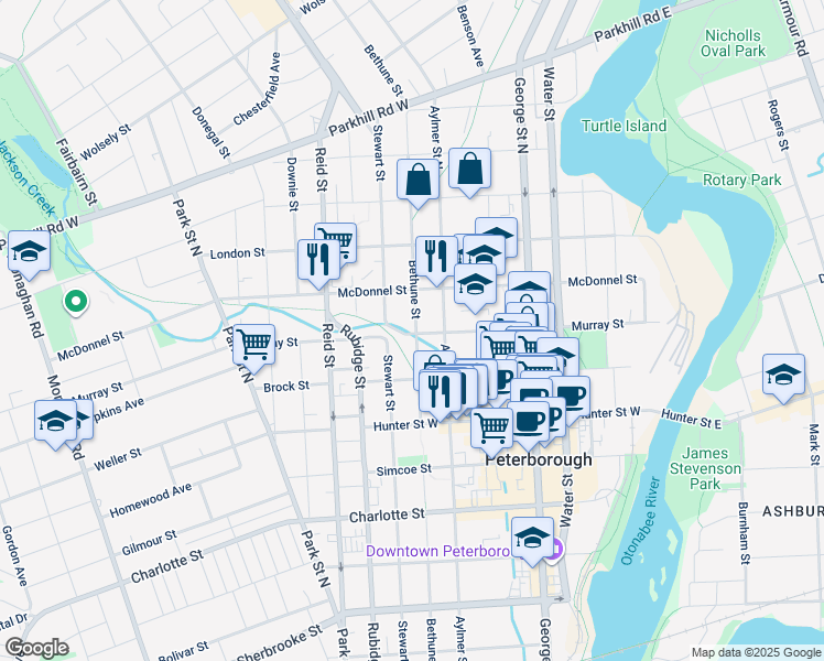 map of restaurants, bars, coffee shops, grocery stores, and more near in Peterborough