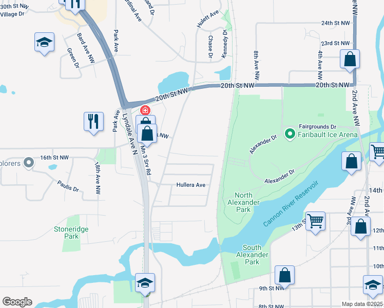 map of restaurants, bars, coffee shops, grocery stores, and more near 1503 Hulett Avenue in Faribault