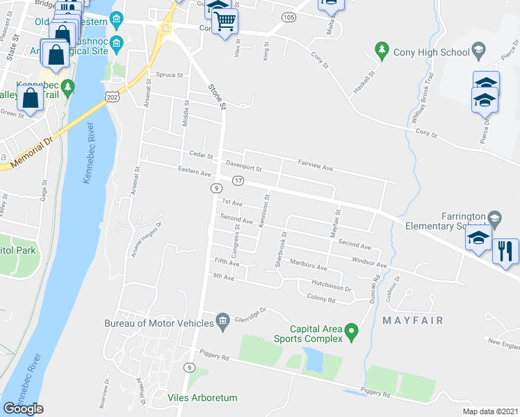 map of restaurants, bars, coffee shops, grocery stores, and more near 24 1st Avenue in Augusta