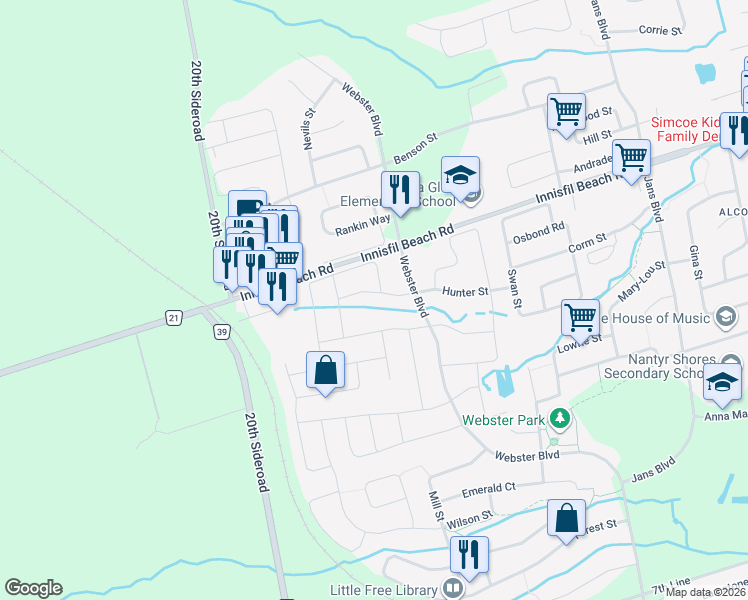map of restaurants, bars, coffee shops, grocery stores, and more near in Innisfil