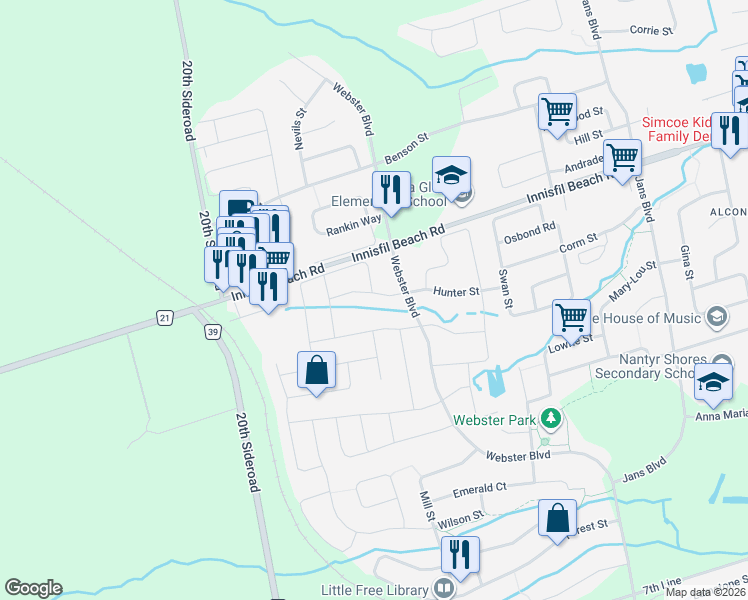 map of restaurants, bars, coffee shops, grocery stores, and more near 1365 Hunter Street in Innisfil