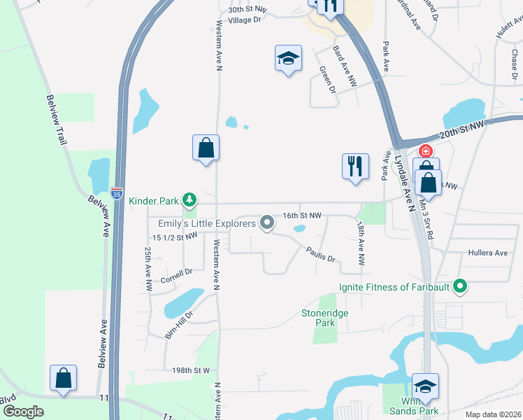 map of restaurants, bars, coffee shops, grocery stores, and more near 2100 16th Street Northwest in Faribault