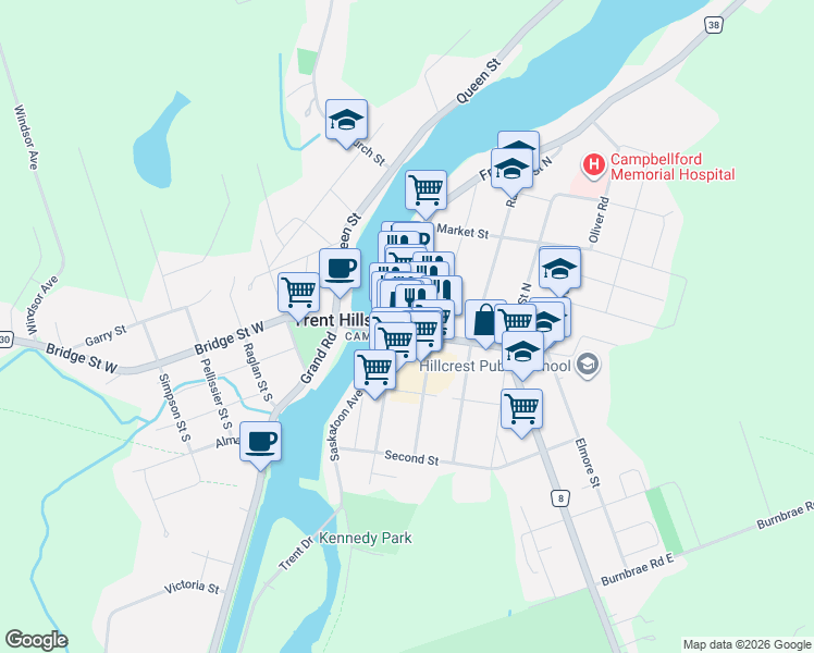 map of restaurants, bars, coffee shops, grocery stores, and more near 48 Bridge Street East in Trent Hills