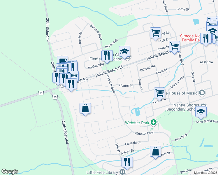 map of restaurants, bars, coffee shops, grocery stores, and more near 1347 Hunter Street in Innisfil