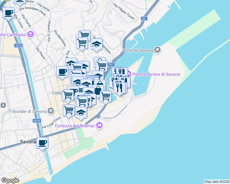 map of restaurants, bars, coffee shops, grocery stores, and more near Largo delle Coffe in Savona