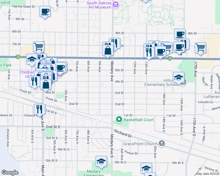 map of restaurants, bars, coffee shops, grocery stores, and more near 311 Medary Avenue South in Brookings