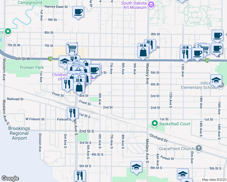 map of restaurants, bars, coffee shops, grocery stores, and more near 310 7th Avenue South in Brookings