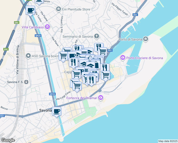map of restaurants, bars, coffee shops, grocery stores, and more near Via Santa Maria Maggiore in Savona