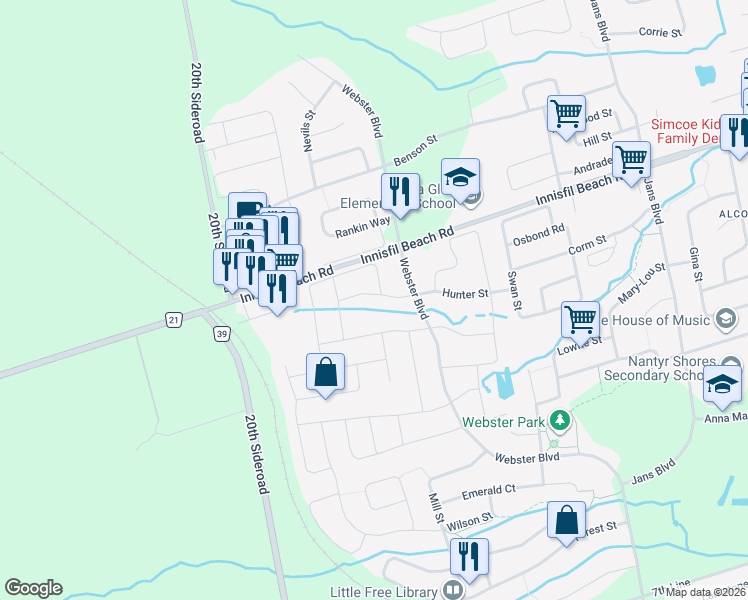 map of restaurants, bars, coffee shops, grocery stores, and more near 1373 Hunter Street in Innisfil