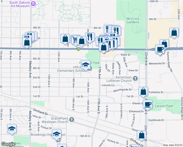 map of restaurants, bars, coffee shops, grocery stores, and more near 304 15th Avenue in Brookings