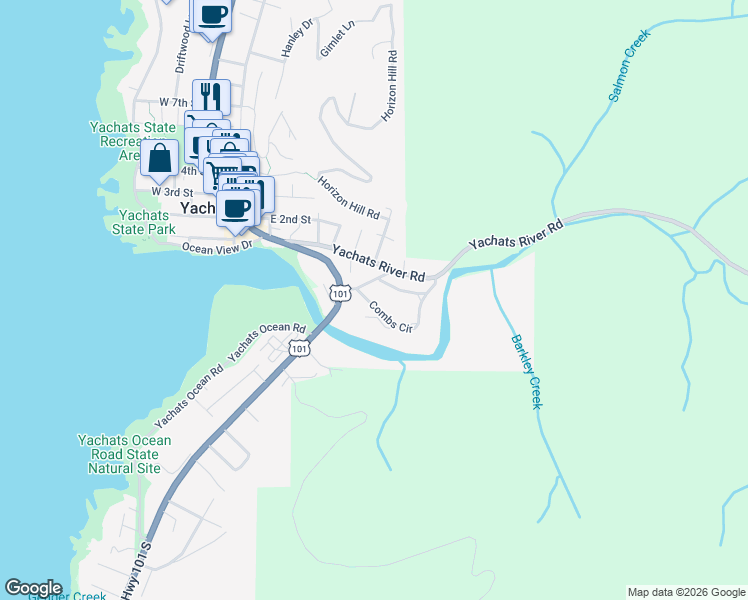 map of restaurants, bars, coffee shops, grocery stores, and more near 161 Combs Circle in Yachats