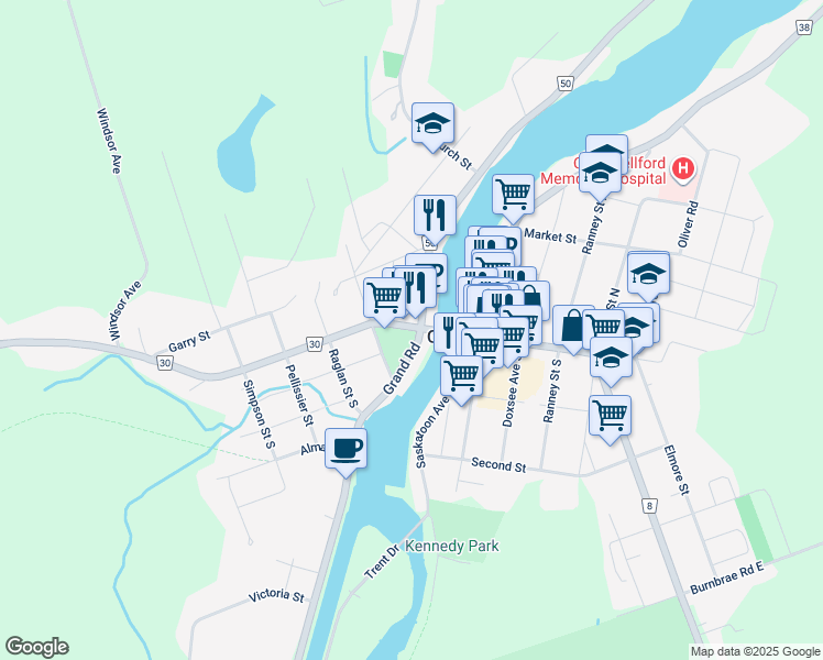 map of restaurants, bars, coffee shops, grocery stores, and more near 19 Bridge Street West in Campbellford