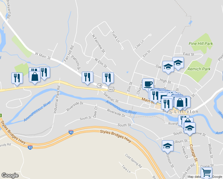 map of restaurants, bars, coffee shops, grocery stores, and more near 298 Main Street in Littleton