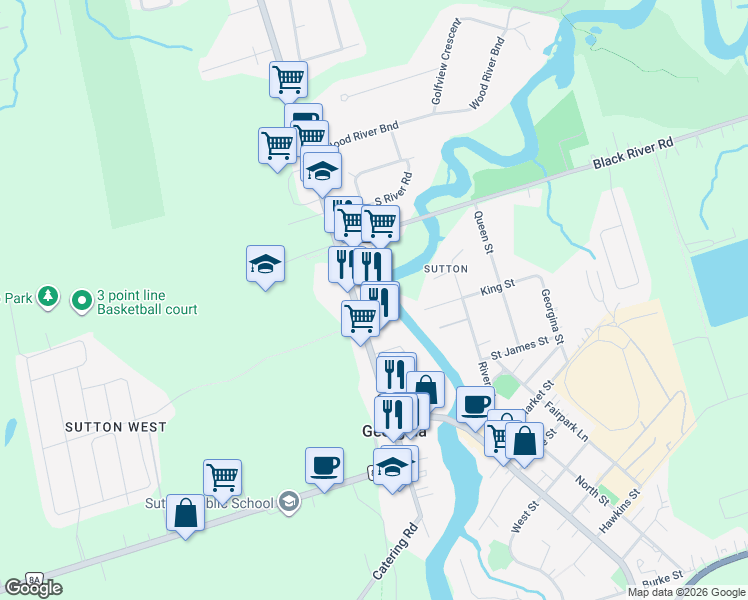 map of restaurants, bars, coffee shops, grocery stores, and more near 20887 Dalton Road in Georgina