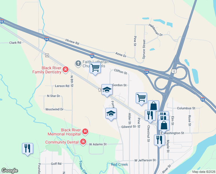 map of restaurants, bars, coffee shops, grocery stores, and more near 820 Forrest Street in Black River Falls