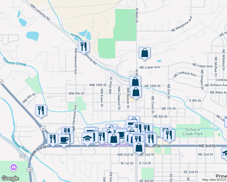 map of restaurants, bars, coffee shops, grocery stores, and more near 391 Northwest 9th Street in Prineville