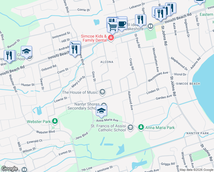 map of restaurants, bars, coffee shops, grocery stores, and more near 1134 Gina Street in Innisfil
