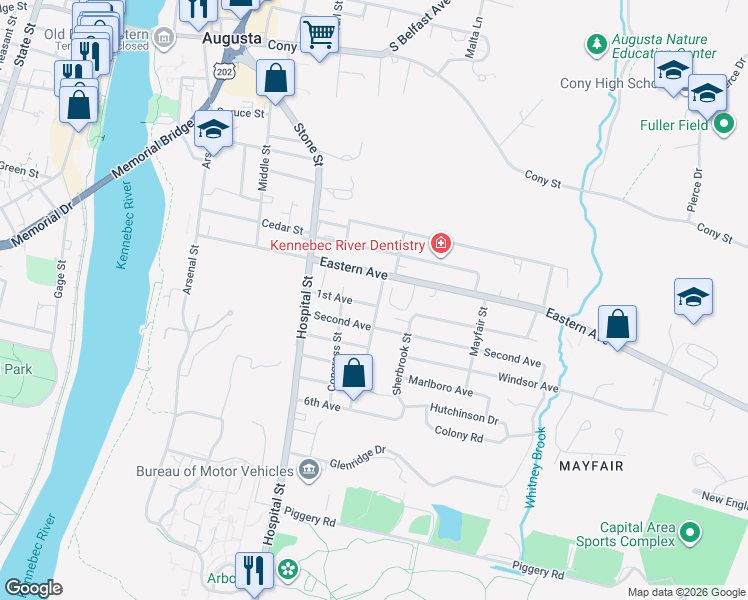 map of restaurants, bars, coffee shops, grocery stores, and more near 12 Kennison Street in Augusta