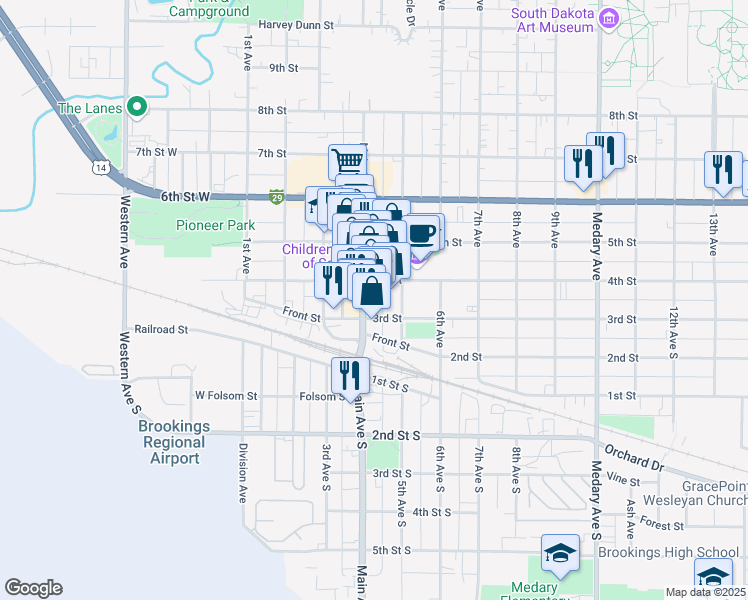 map of restaurants, bars, coffee shops, grocery stores, and more near 312 Main Avenue in Brookings