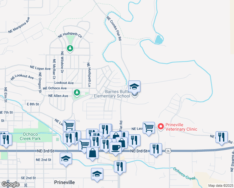 map of restaurants, bars, coffee shops, grocery stores, and more near 780 Northeast Trestle Street in Prineville