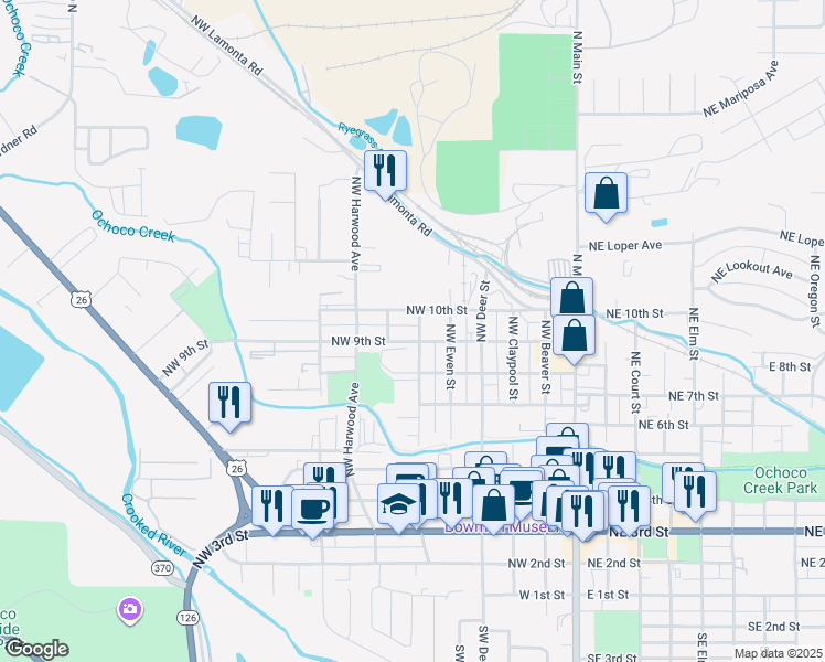 map of restaurants, bars, coffee shops, grocery stores, and more near 605 Northwest 9th Street in Prineville