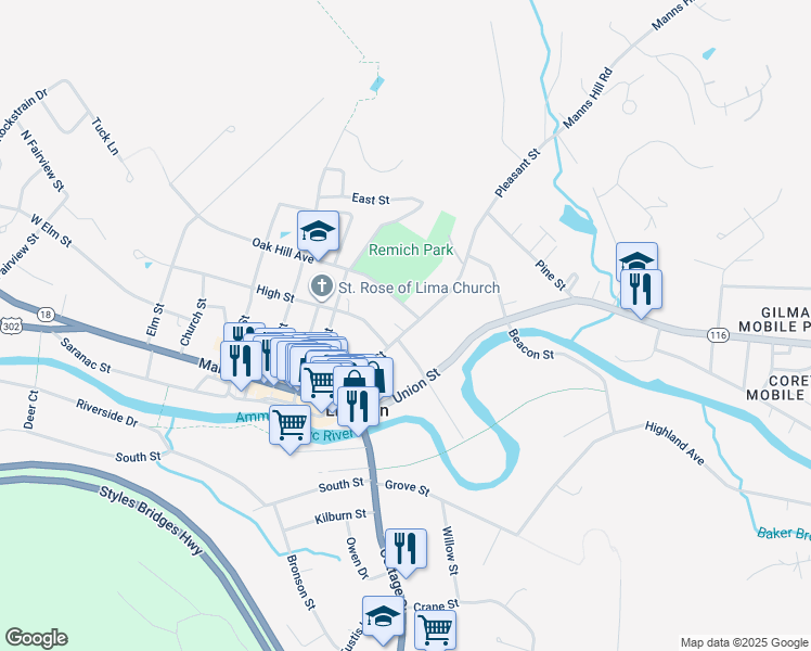 map of restaurants, bars, coffee shops, grocery stores, and more near 87 Pleasant Street in Littleton