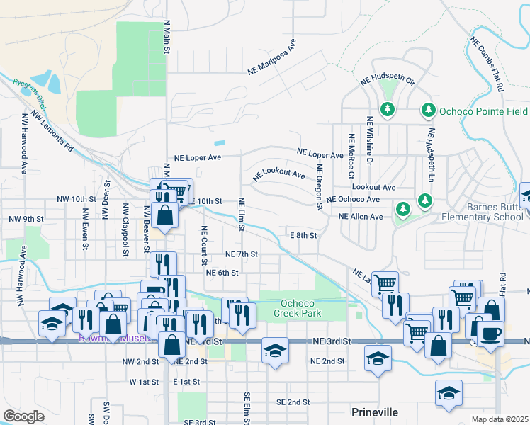 map of restaurants, bars, coffee shops, grocery stores, and more near 950 Northeast Elm Street in Prineville