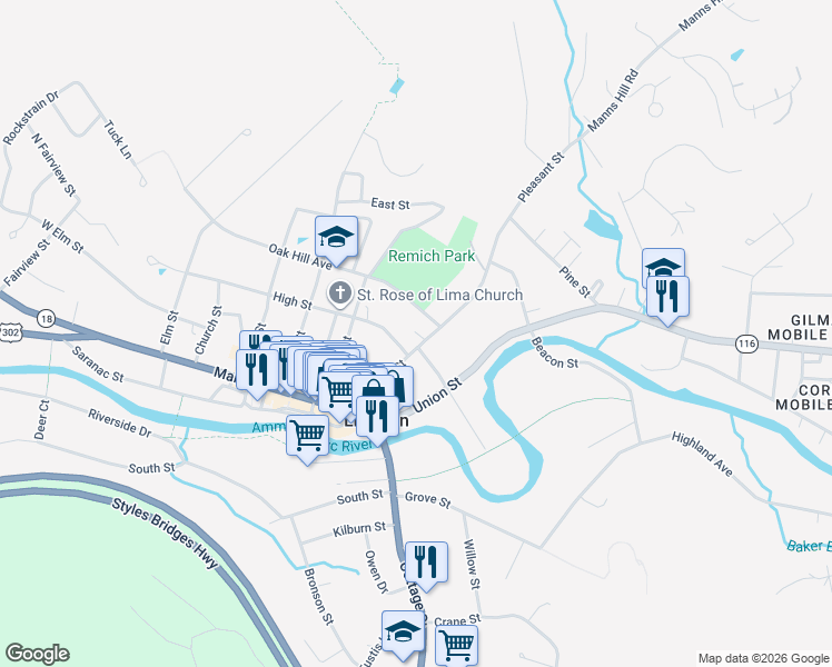 map of restaurants, bars, coffee shops, grocery stores, and more near 87 Pleasant Street in Littleton