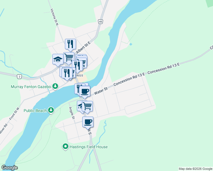 map of restaurants, bars, coffee shops, grocery stores, and more near 77 Water Street in Northumberland County
